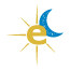 golden letter e with sun-like rays next to a blue cresent moon